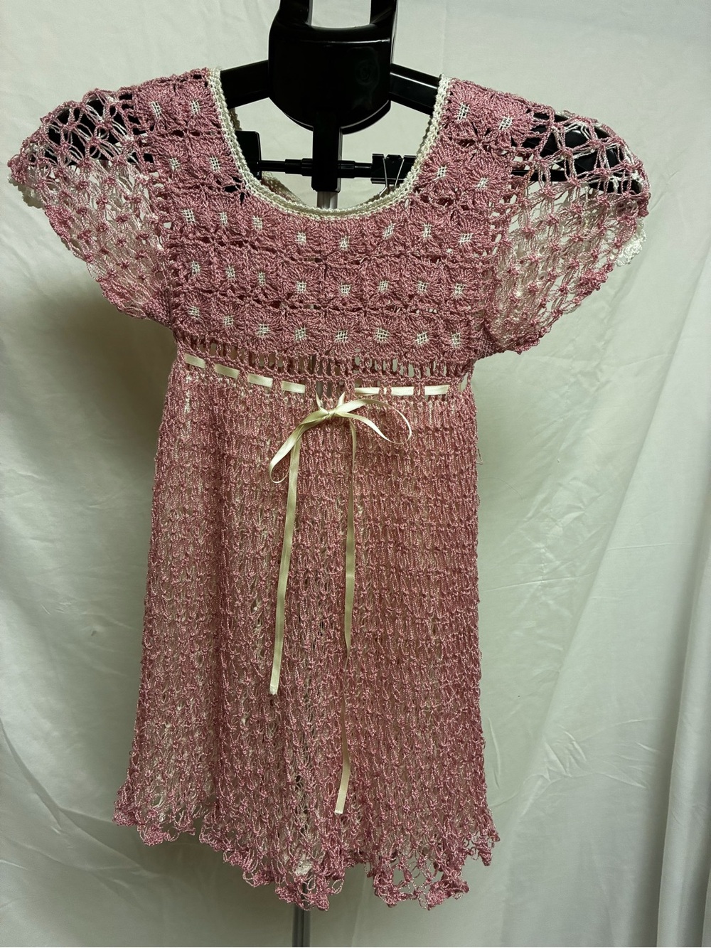 Rare Hand-Crocheted Pink Ribbon-Detail Kids Dress Size 4